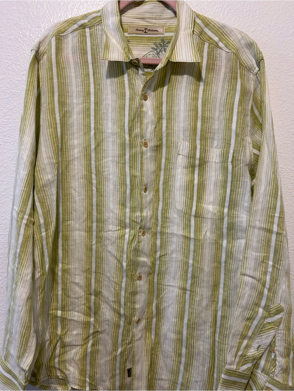 Tommy Bahama Light Green and White Striped Linen-Blend Button Down